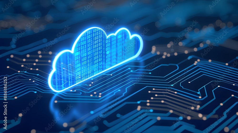 Poster futuristic digital cloud technology concept with glowing cloud icon on a circuit board background, r