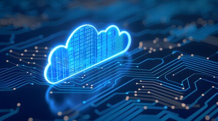 Obraz premium Futuristic digital cloud technology concept with glowing cloud icon on a circuit board background, representing modern data storage and networking. 3D Illustration.