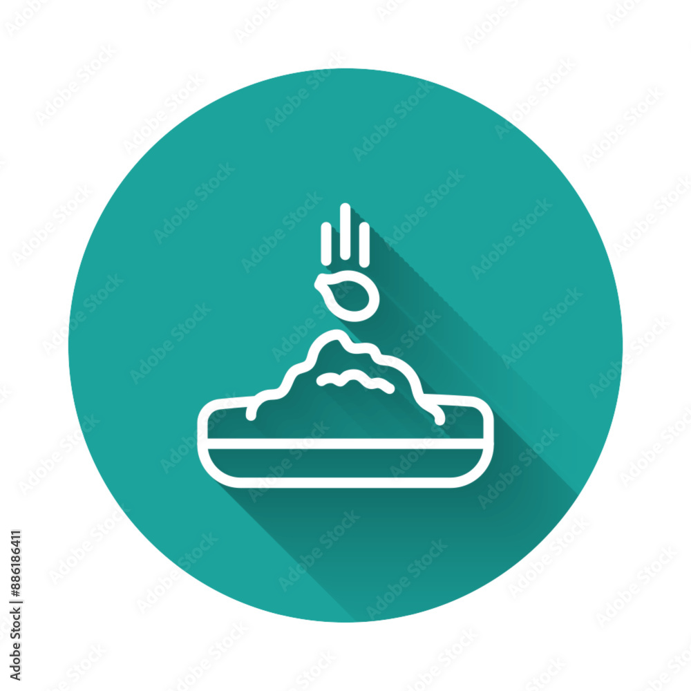 Poster white line seeds of a specific plant icon isolated with long shadow background. green circle button.