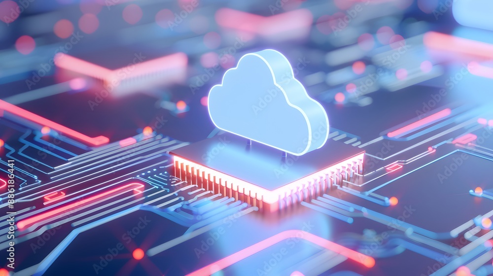 Poster futuristic digital cloud technology on a circuit board, representing cloud computing, data storage, 