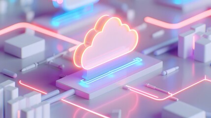 Futuristic digital cloud technology concept with neon lights, showcasing modern data storage solutions in a high-tech environment. 3D Illustration.
