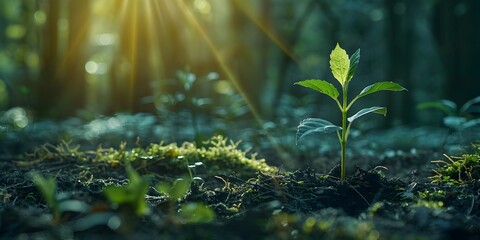 Obraz premium Young sapling embracing the energy of new beginning in lush forest