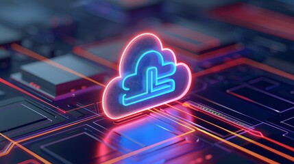 Futuristic digital conceptual imagery depicting a cloud computing icon glowing over a motherboard, signifying data technology. 3D Illustration.