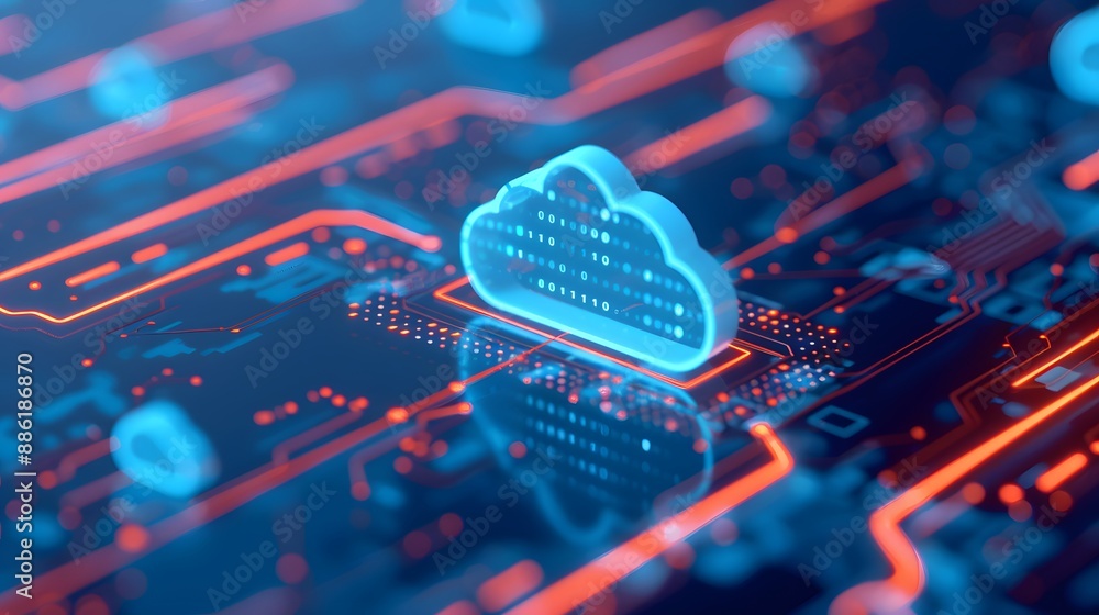 Poster futuristic digital representation of cloud computing technology with a cloud icon integrated into el