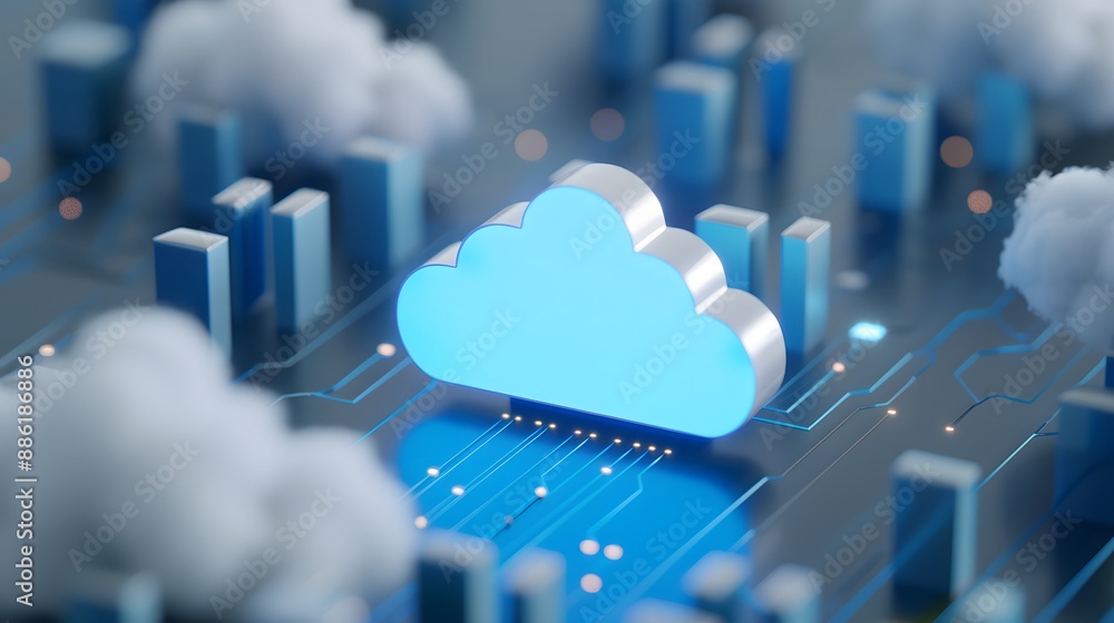 Poster futuristic digital representation of cloud computing technology with data streams and electronic com