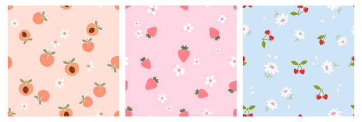 Seamless pattern of peach fruit, strawberry, heart shape cherry with green leaves and white flower on orange, pink and blue backgrounds vector. Set of cute fruit prints.