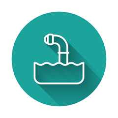 White line Periscope in the waves above the water icon isolated with long shadow background. Green circle button. Vector