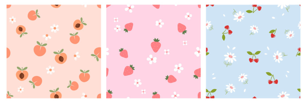 Seamless pattern of peach fruit, strawberry, heart shape cherry with green leaves and white flower on orange, pink and blue backgrounds vector. Set of cute fruit prints.