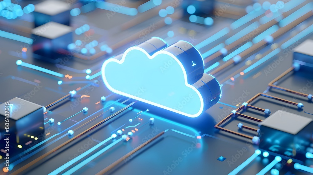 Aufkleber futuristic glowing blue cloud graphic on a circuit board representing cloud computing and advanced t