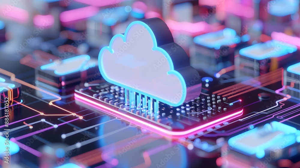 Poster futuristic glowing cloud computing concept with vibrant colors representing digital data storage and