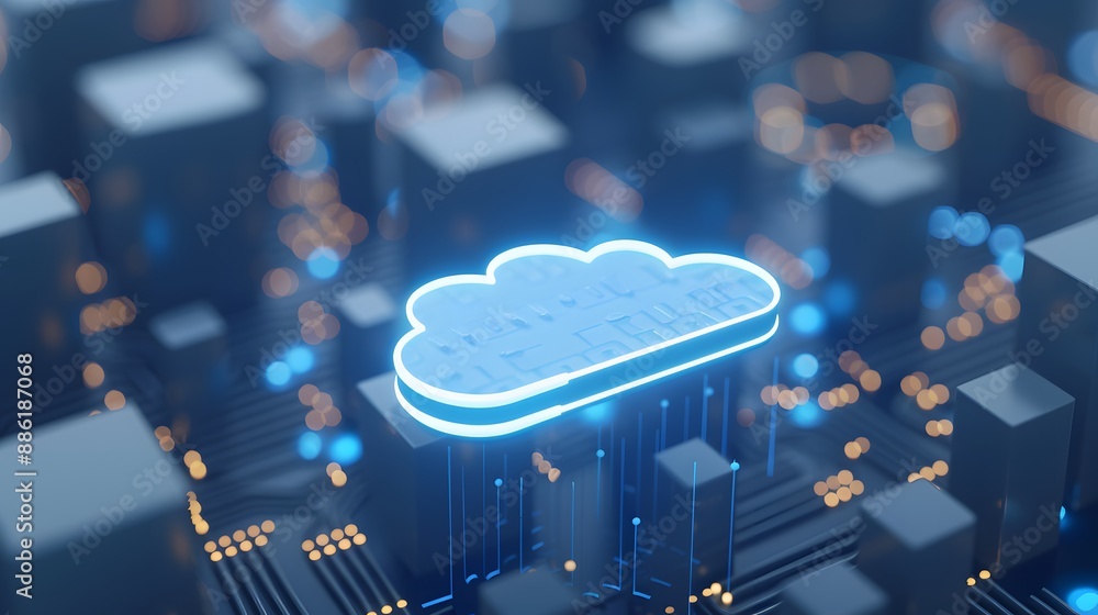 Poster futuristic glowing cloud computing icon on a circuit board, representing advanced technology and dat