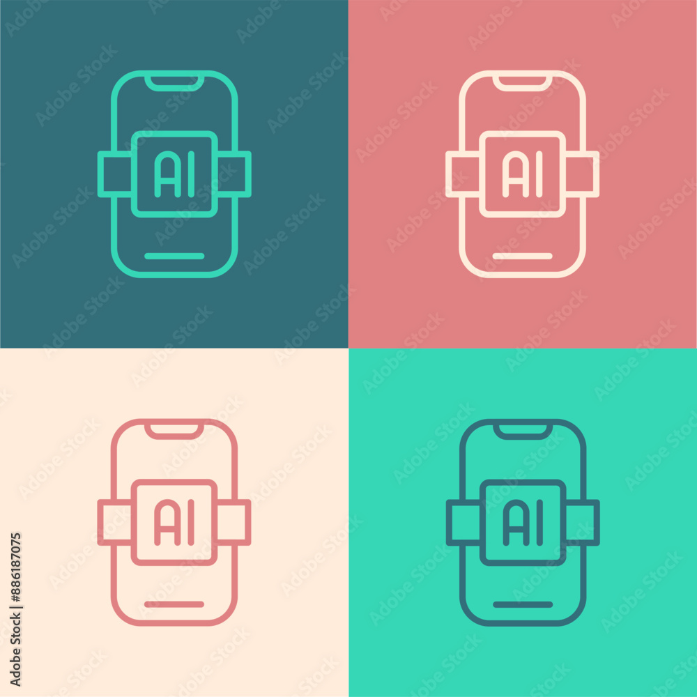 Sticker Pop art line Artificial intelligence AI icon isolated on color background. Machine learning, cloud computing, automated support assistance and networks. Vector