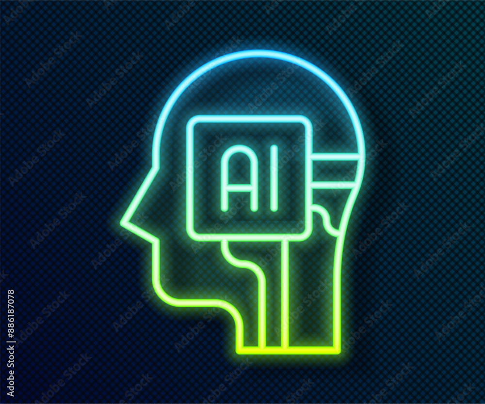 Poster glowing neon line humanoid robot icon isolated on black background. artificial intelligence, machine
