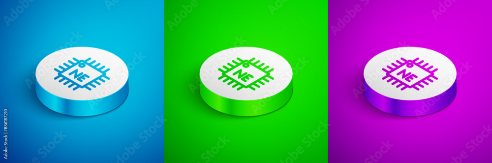 Poster Isometric line Computer processor with microcircuits CPU icon isolated on blue, green and purple background. Chip or cpu with circuit board. Micro processor. White circle button. Vector