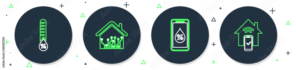 Poster set line smart home, humidity for smart, and remote control system icon. vector