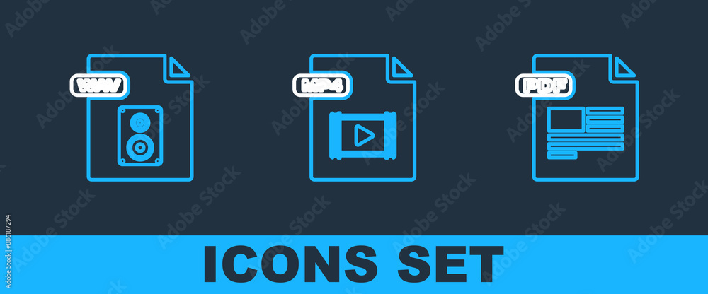 Poster set line pdf file document, wav and mp4 icon. vector
