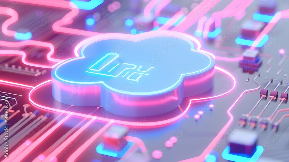 Poster futuristic glowing cloud icon on a circuit board representing cloud computing and technology integra