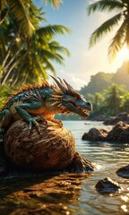 Fototapeta premium Dragon on a Coconut by the River.