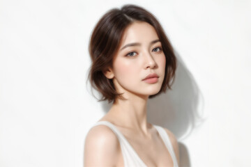 A beauty female model wearing a strapless top and looking back over her shoulder. Her hair is brown and she has a slender body.