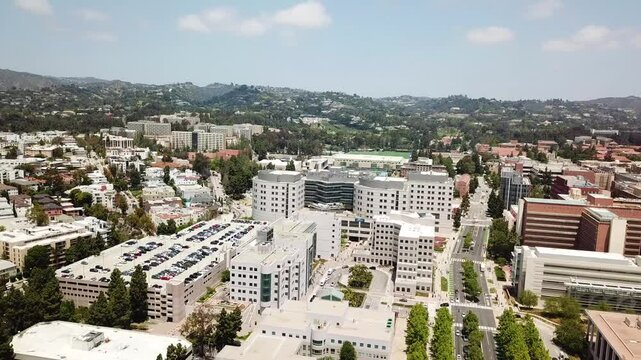 Los Angeles Aerial Shot of Westwood. Hollywood Hills and Bel-Air in the Background. Beautiful Cinematic City View During a Sunny Summer Day
