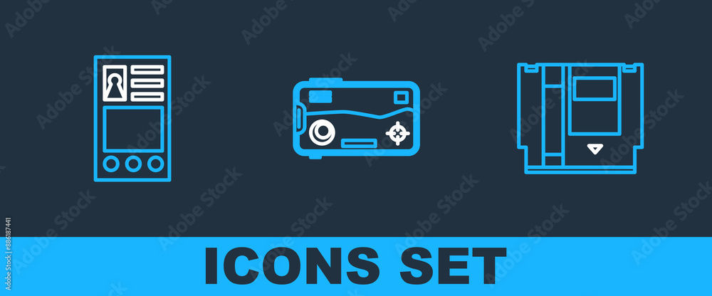 Poster set line cartridge, create account screen and mobile and playing in game icon. vector