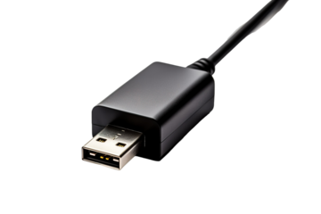A Black USB Cable With a Sleek Connector Ready for Connection on a White or Clear Surface PNG Transparent Background.