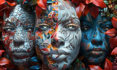 Vibrant Artistic Faces with Intricate Patterns and Red Leaves