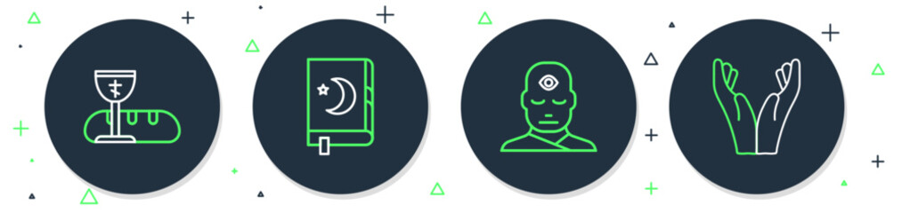 Set line Holy book of Koran, Man with third eye, First communion symbols and Hands in praying position icon. Vector