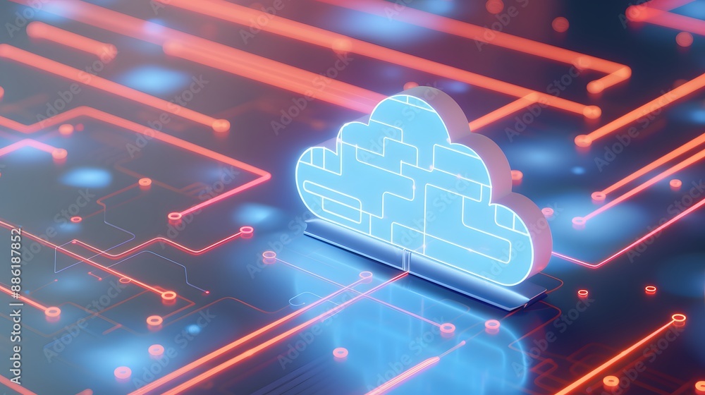 Poster futuristic glowing cloud symbol on a digital circuit board, representing cloud computing technology 