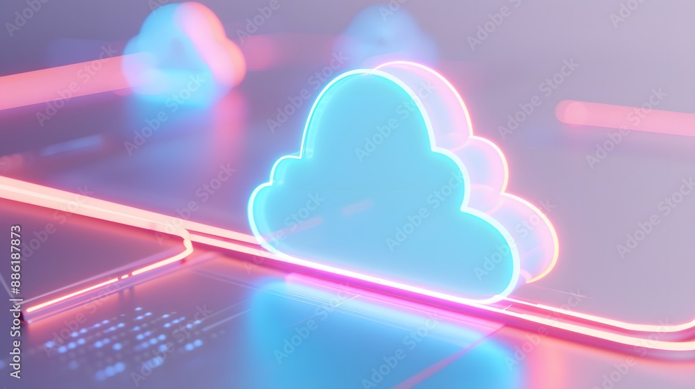 Poster futuristic glowing cloud symbol representing cloud computing and secure data storage in a neon-lit, 