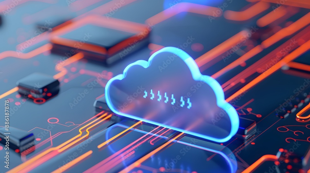 Poster futuristic glowing cloud symbol on a circuit board representing technology, cloud computing, and dat