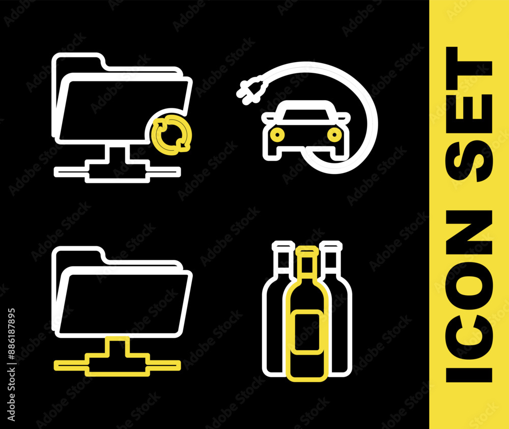 Poster set line electric car, bottles of wine, ftp folder and sync refresh icon. vector