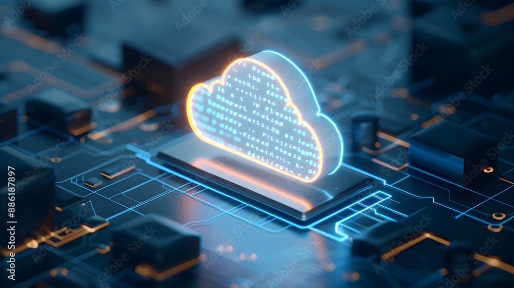 Poster futuristic glowing cloud technology symbol on a circuit board, representing cloud computing and digi