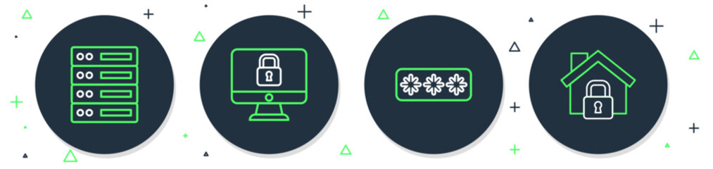 Set line Lock on computer monitor, Password protection, Server, Data, Web Hosting and House under icon. Vector