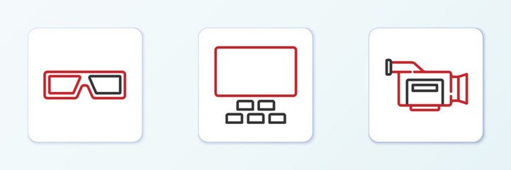 Fototapeta premium Set line Cinema camera, 3D cinema glasses and auditorium with seats icon. Vector