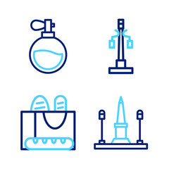 Set line Place De La Concorde, French baguette bread, Street light and Perfume icon. Vector