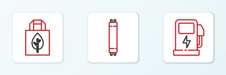 Set line Electric car charging station, Shopping bag with recycle and Fluorescent lamp icon. Vector