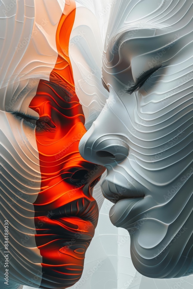 Poster abstract faces with gray and red color in digital art design