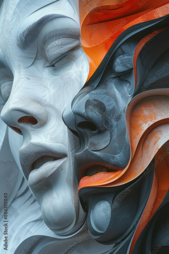Poster abstract faces in white and orange color scheme with carved layers