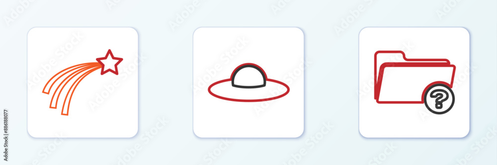 Poster set line unknown directory, falling star and ufo flying spaceship icon. vector