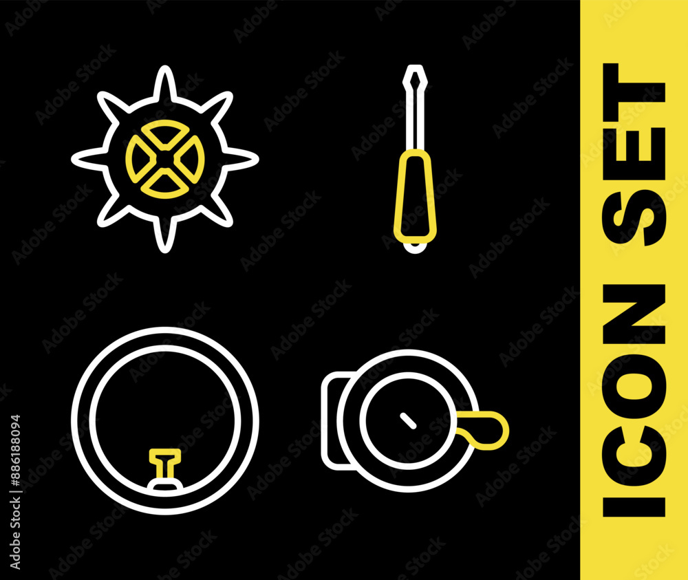 Wall mural set line screwdriver, bicycle bell, wheel and sprocket crank icon. vector