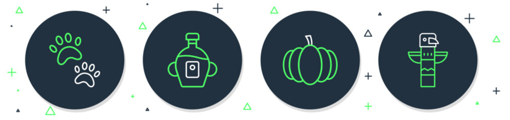 Set line Maple syrup, Pumpkin, Paw print and Canadian totem pole icon. Vector