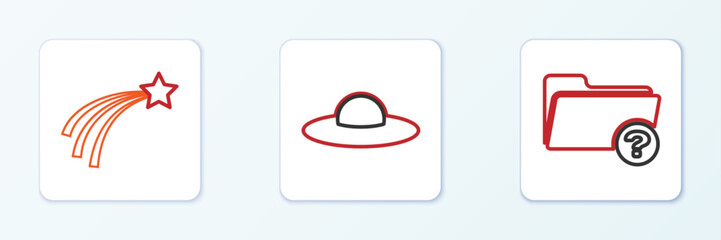 Set line Unknown directory, Falling star and UFO flying spaceship icon. Vector