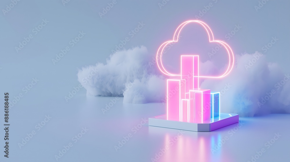 Poster futuristic neon cloud computing concept with glowing charts and a cloud symbol, representing data st
