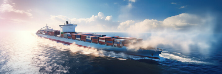 cargo maritime ship with contrail in the ocean ship carrying container and running for export concept