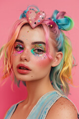 young woman with pastel hair, glitter in her eyes and on the top part of her head there is a two heart shaped hair ornaments made from colorful sequins. She has rainbow colored hair streaks