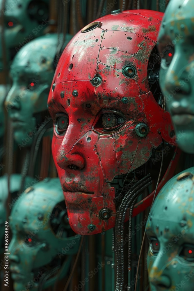 Poster red and green robot heads: a futuristic and intricate design