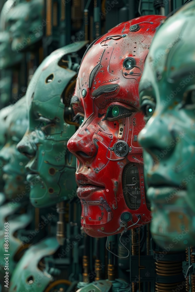 Poster futuristic robotic faces with red and teal color scheme in focus