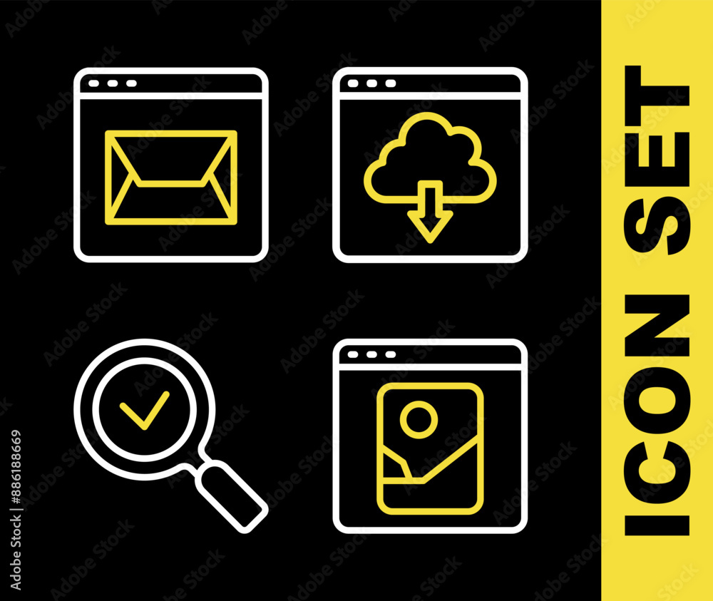 Poster set line cloud download, photo retouching, magnifying glass with check mark and website and mail ico