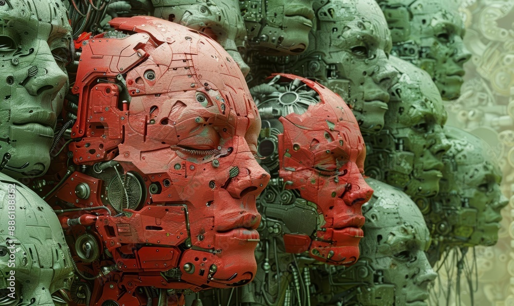 Aufkleber multiple robot heads in red and green with mechanical details